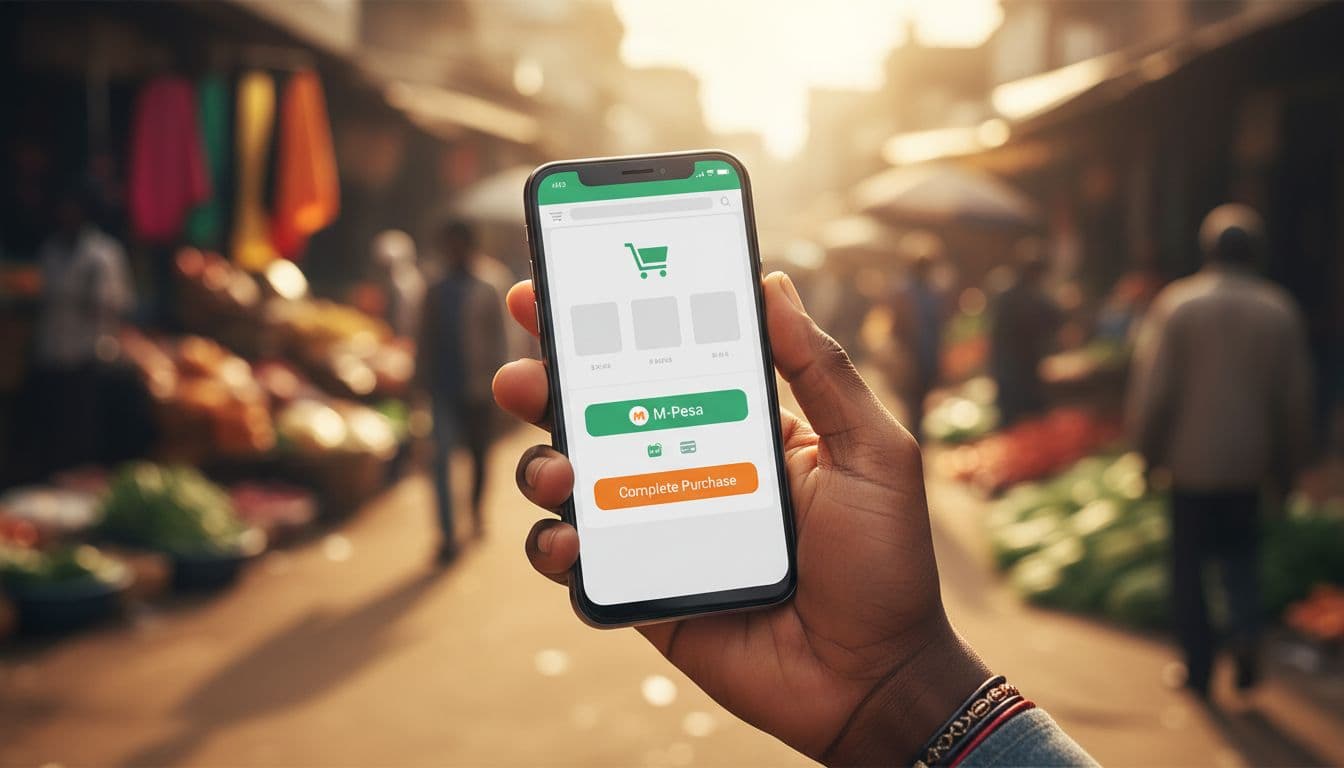 Hand holding mobile phone in Nairobi market stall shows ecommerce cart checkout with M-Pesa option, blurred vibrant street market background.