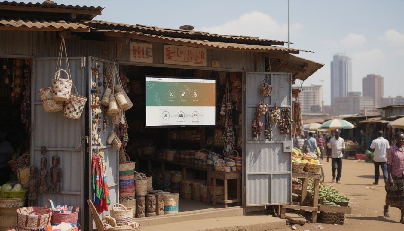 Kenyan small business shopfront in a vibrant Nairobi street scene on a sunny day, featuring a digital screen displaying a single-page website scrolling through home, services, testimonials, and contact sections in a modern clean design.