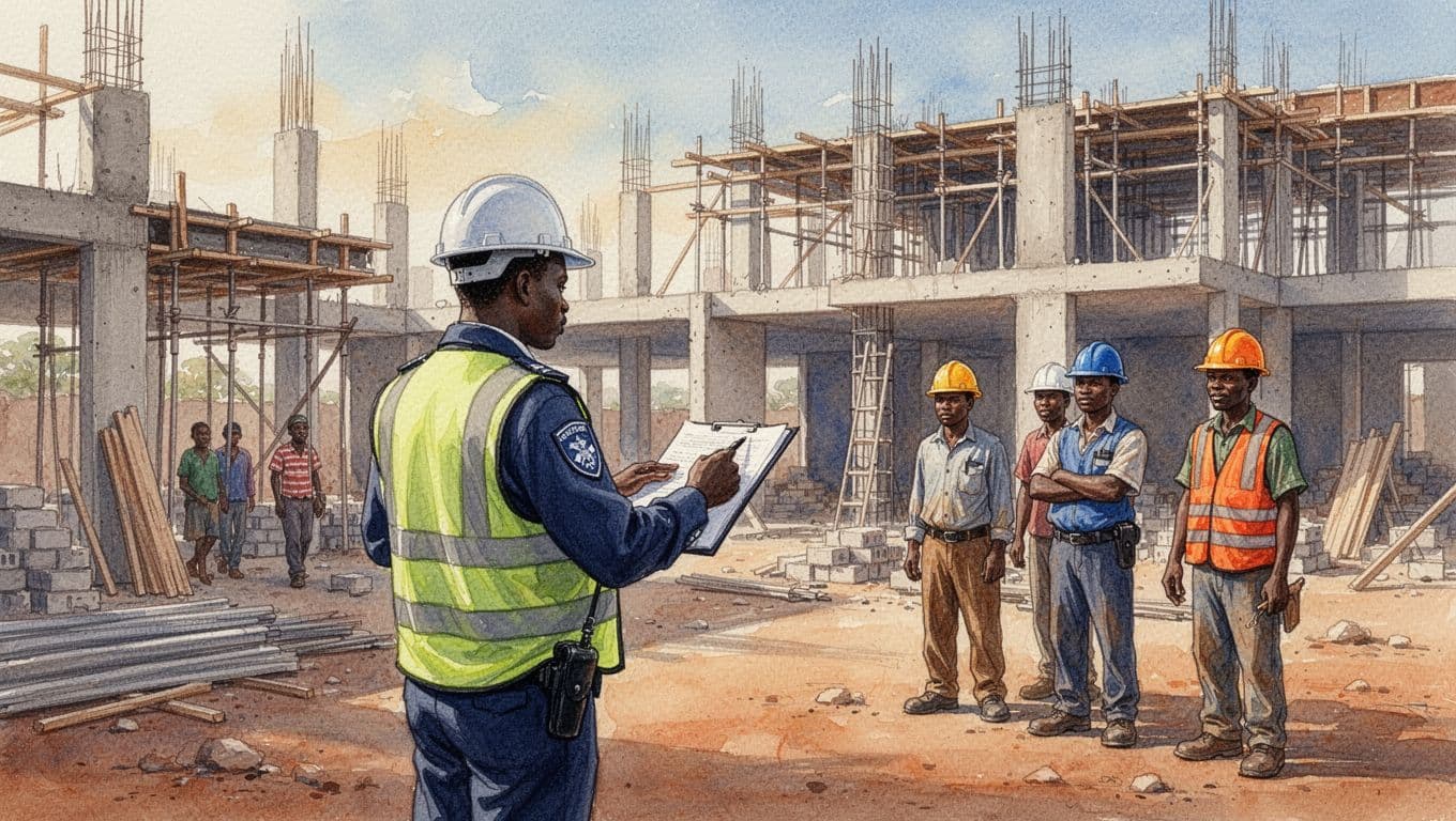 Watercolor scene of an NCA inspector checking safety on a busy Kenyan construction site, with helmeted workers pausing, a county official reviewing zoning plans, and an IEK engineer testing materials in warm afternoon light.