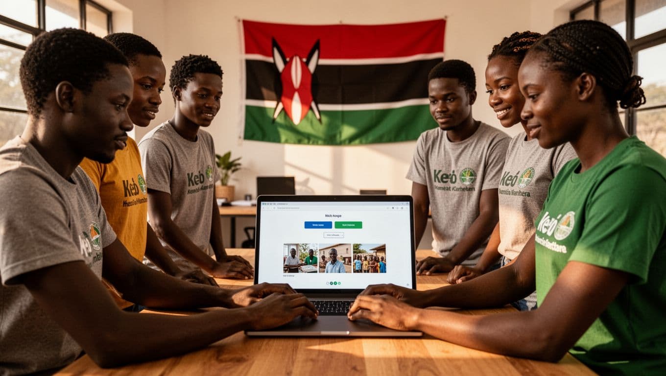 A diverse group of NGO volunteers in a modern Kenyan office gathers around a single laptop displaying a simple website homepage with a donation button and project images, under warm natural lighting with the Kenyan flag in the background.