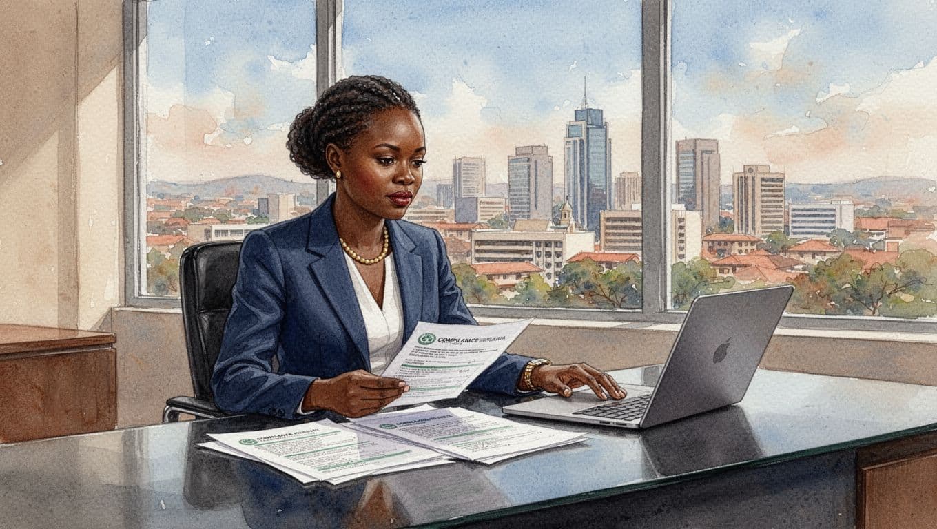 A professional Kenyan woman in a modern government office overlooking the Nairobi skyline, seated at a desk reviewing data protection documents with a laptop angled away, in watercolor style with warm earth tones and blues.