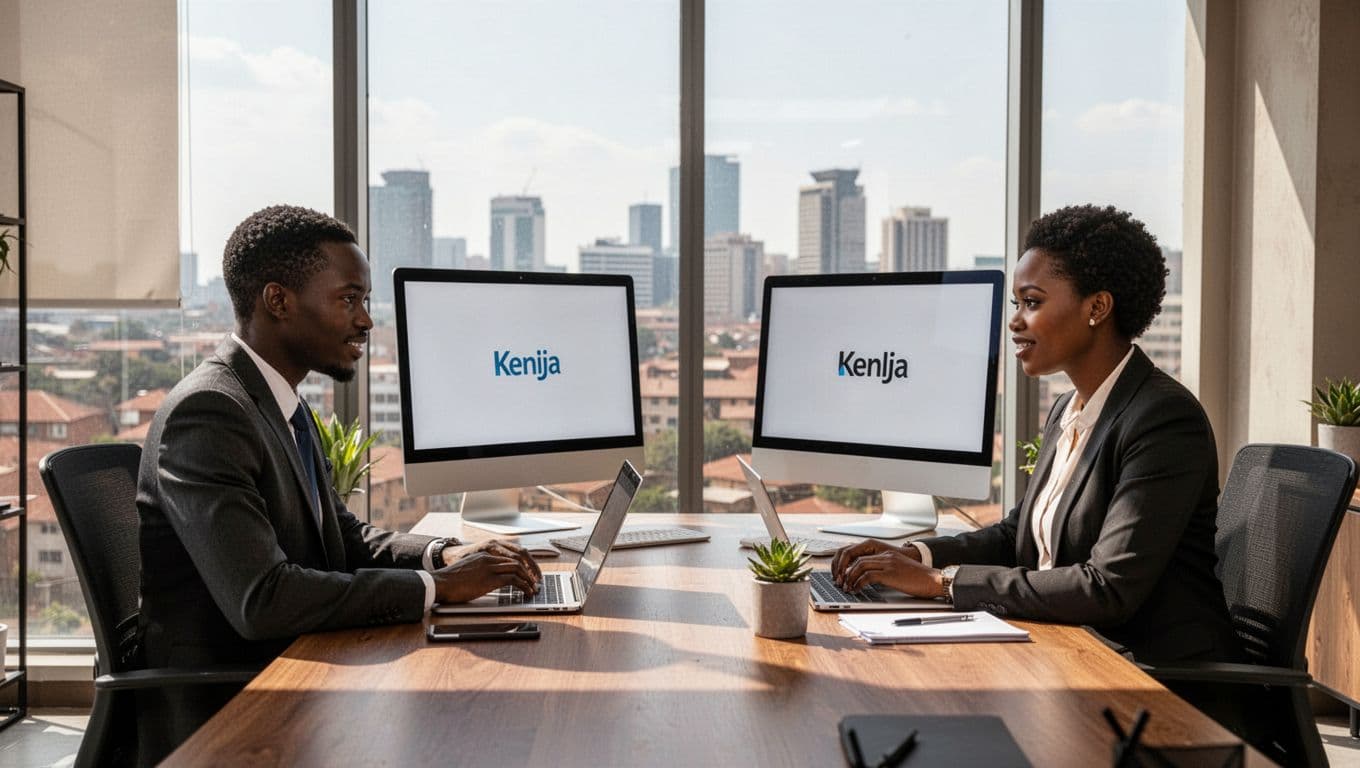 Two professionals collaborate in a modern Kenyan office; one uses a laptop with Google Workspace interface visible at an angle, the other a desktop with Microsoft 365, featuring a Nairobi skyline view through the window under natural daylight.