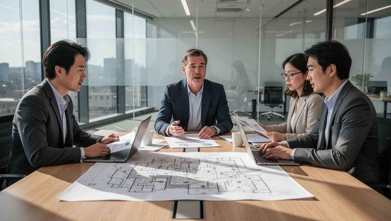 Three Kenyan professionals in a modern conference room review maps of oil blocks, documents, and laptops during the competitive bidding process for oil licenses, with natural daylight and realistic photo style.
