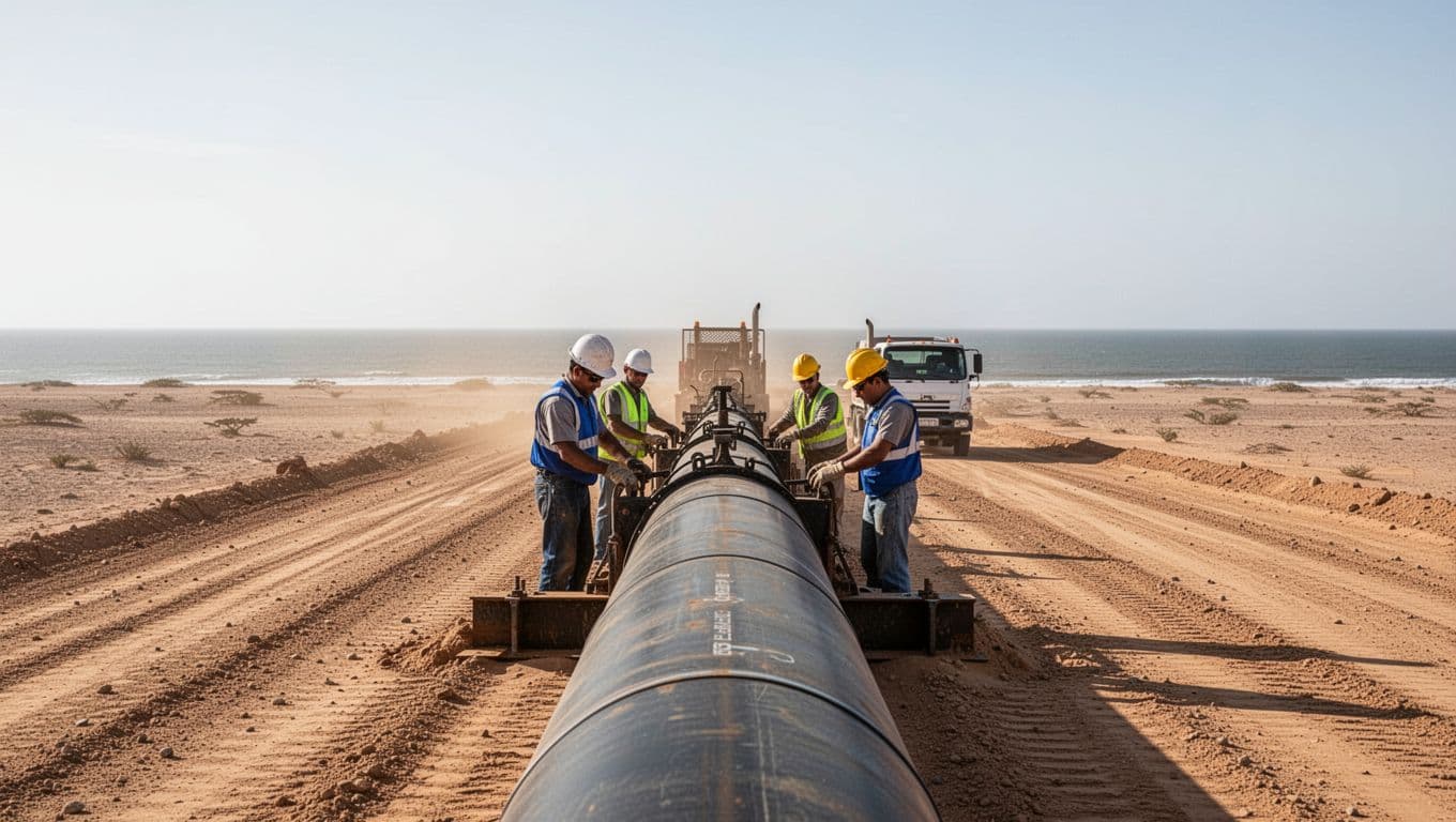 Realistic photo of Kenyan oil production pipeline construction in an arid landscape leading towards the coast, featuring exactly one pipeline section, four active workers, one truck, and machinery under natural daylight.