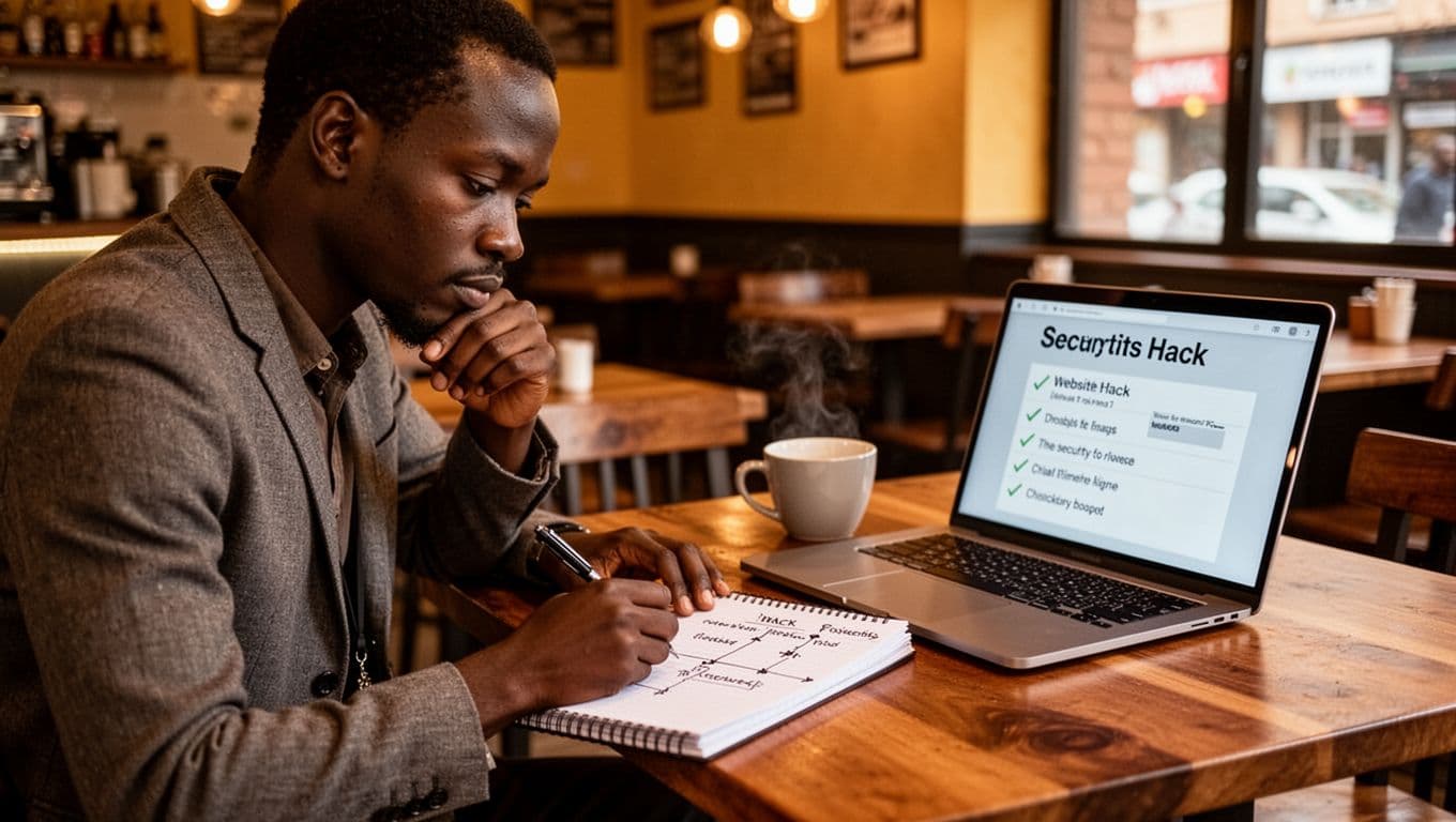 Kenyan business owner in Nairobi cafe writes notes on notepad about website hack timeline and fixes, laptop with security checklist nearby, thoughtful pose, warm lighting.