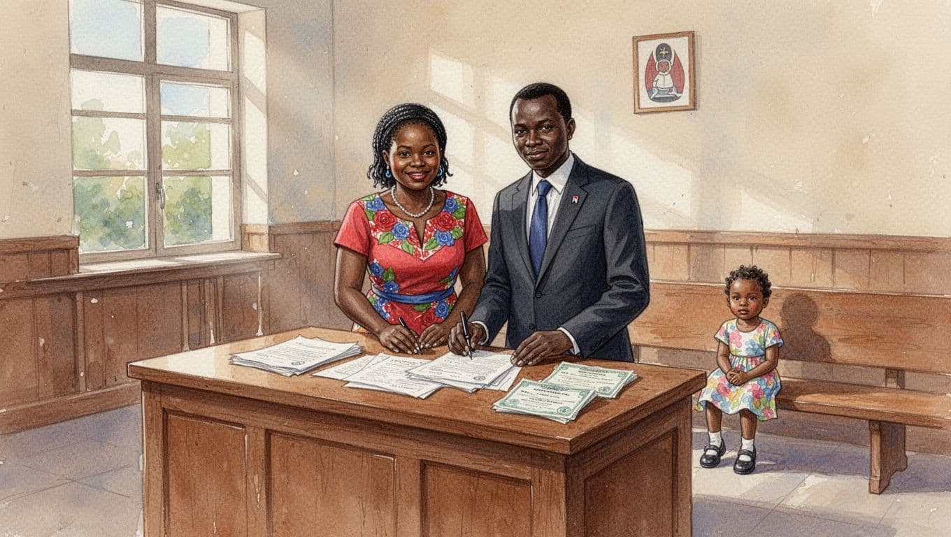 A Kenyan parent and lawyer stand at a wooden court clerk desk in a Children's Court, filing custody plaint papers with affidavits and birth certificates nearby, while a young child sits patiently on a bench in the background. Rendered in watercolor style with soft blending, visible brush texture, and bright natural light through windows.