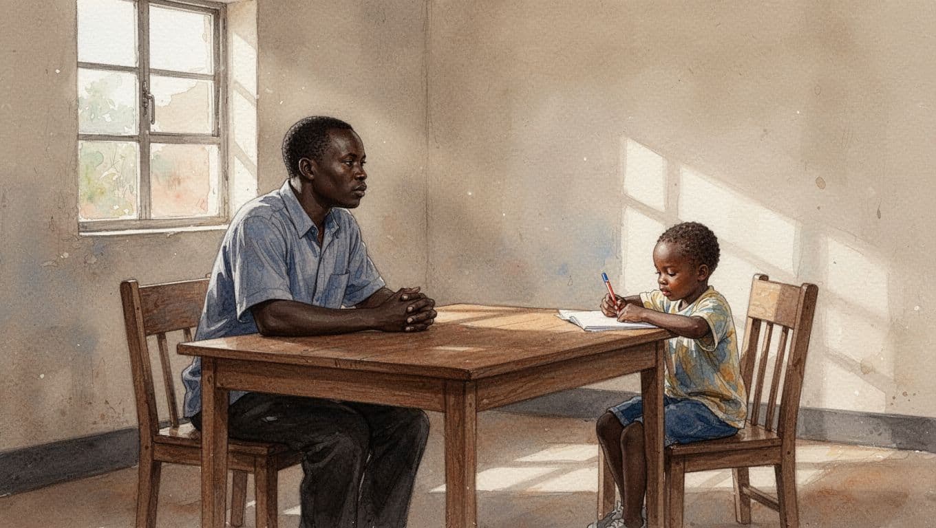 Two Kenyan parents sit across a table from a mediator and Children's Officer in a simple court mediation room discussing custody, with a young child drawing quietly in the corner, rendered in watercolor style with warm afternoon light and soft brush textures.
