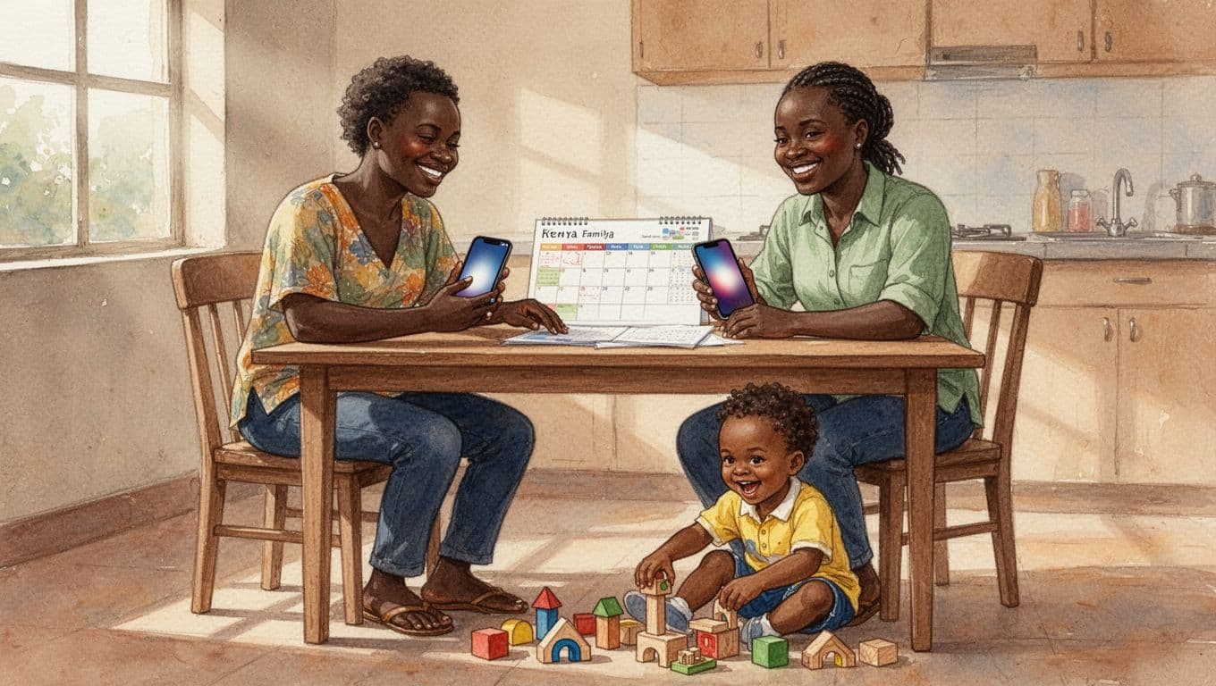 Two smiling Kenyan parents at a kitchen table in Nairobi hold phones displaying a blurred co-parenting app interface, discussing a shared family calendar while their 7-year-old child plays happily nearby, in watercolor style with warm morning light.