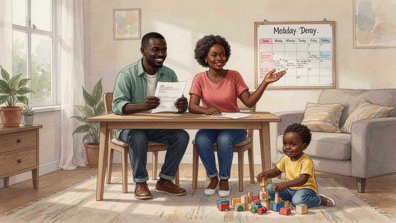 Two Kenyan parents in a cozy living room review a medical consent form for legal custody and a shared week-on-week-off calendar for physical custody, while their 5-year-old child plays with wooden toys nearby, in watercolor style.