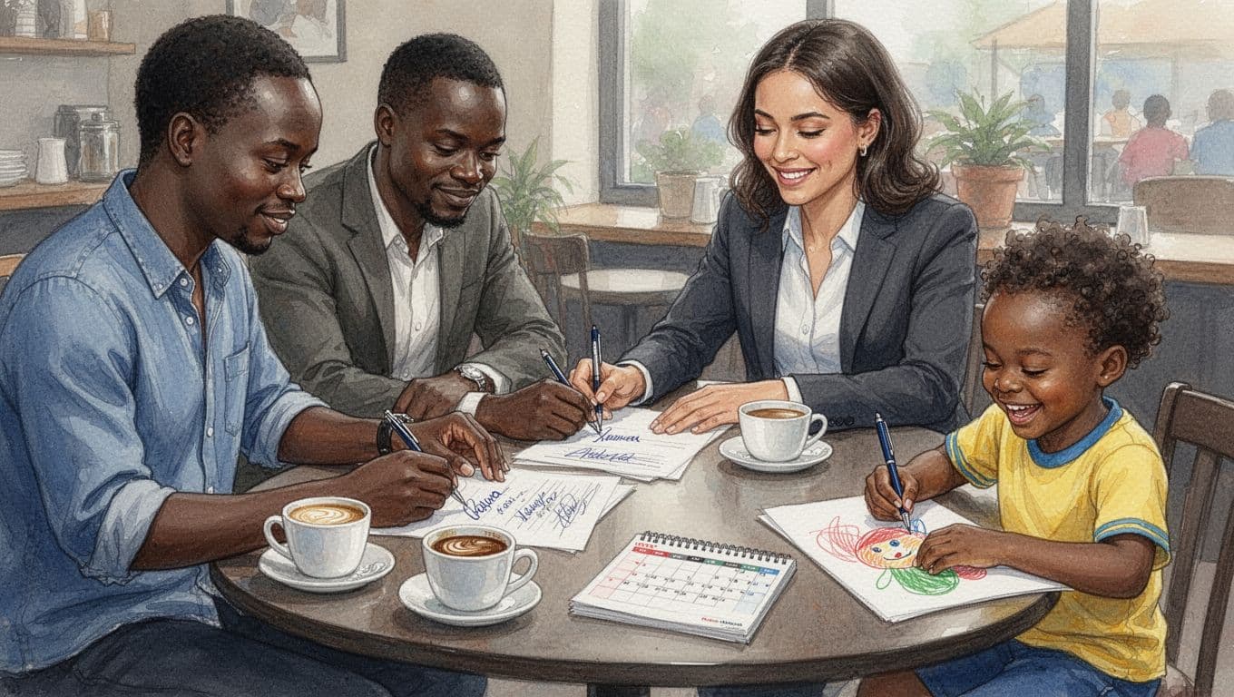 Two Kenyan parents and a lawyer sign parenting agreement papers at a cafe table, with their 7-year-old child happily drawing nearby, in a relaxed cooperative vibe with watercolor style.