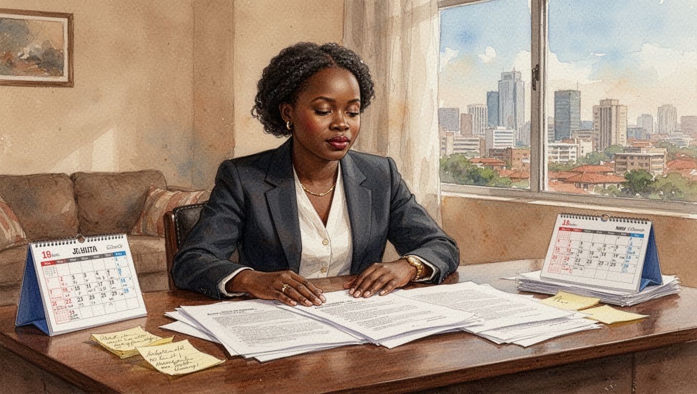 Kenyan professional woman thoughtfully reviews legal papers, calendar, and notes at her home desk in a cozy Nairobi apartment with city view through window, in watercolor style with warm earth tones.