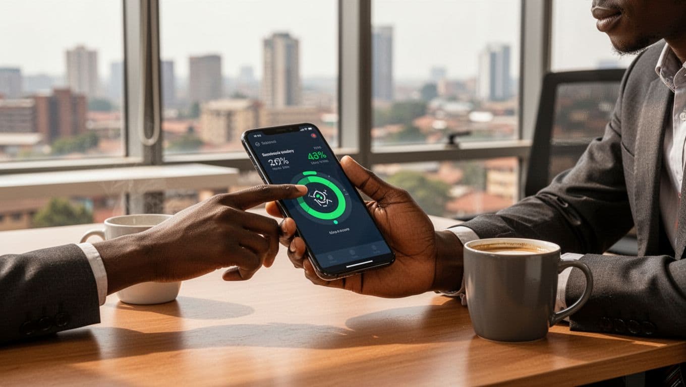A Kenyan professional in a modern Nairobi office taps a smartphone button with quick smooth response, held naturally on a desk near a coffee mug, with city view window in background, illustrating Core Web Vitals responsive mobile interaction.