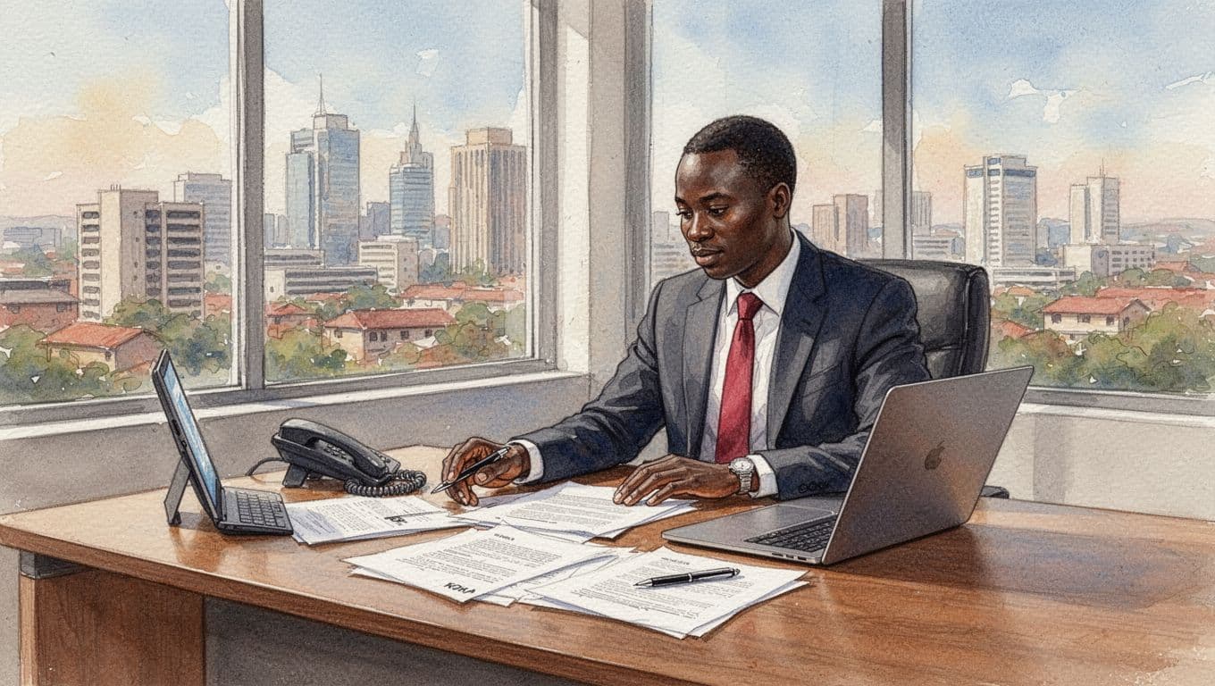 Kenyan business professional at wooden desk in bright modern Nairobi office prepares dispute documents while dialing ADR provider, laptop nearby, watercolor style with soft blending.