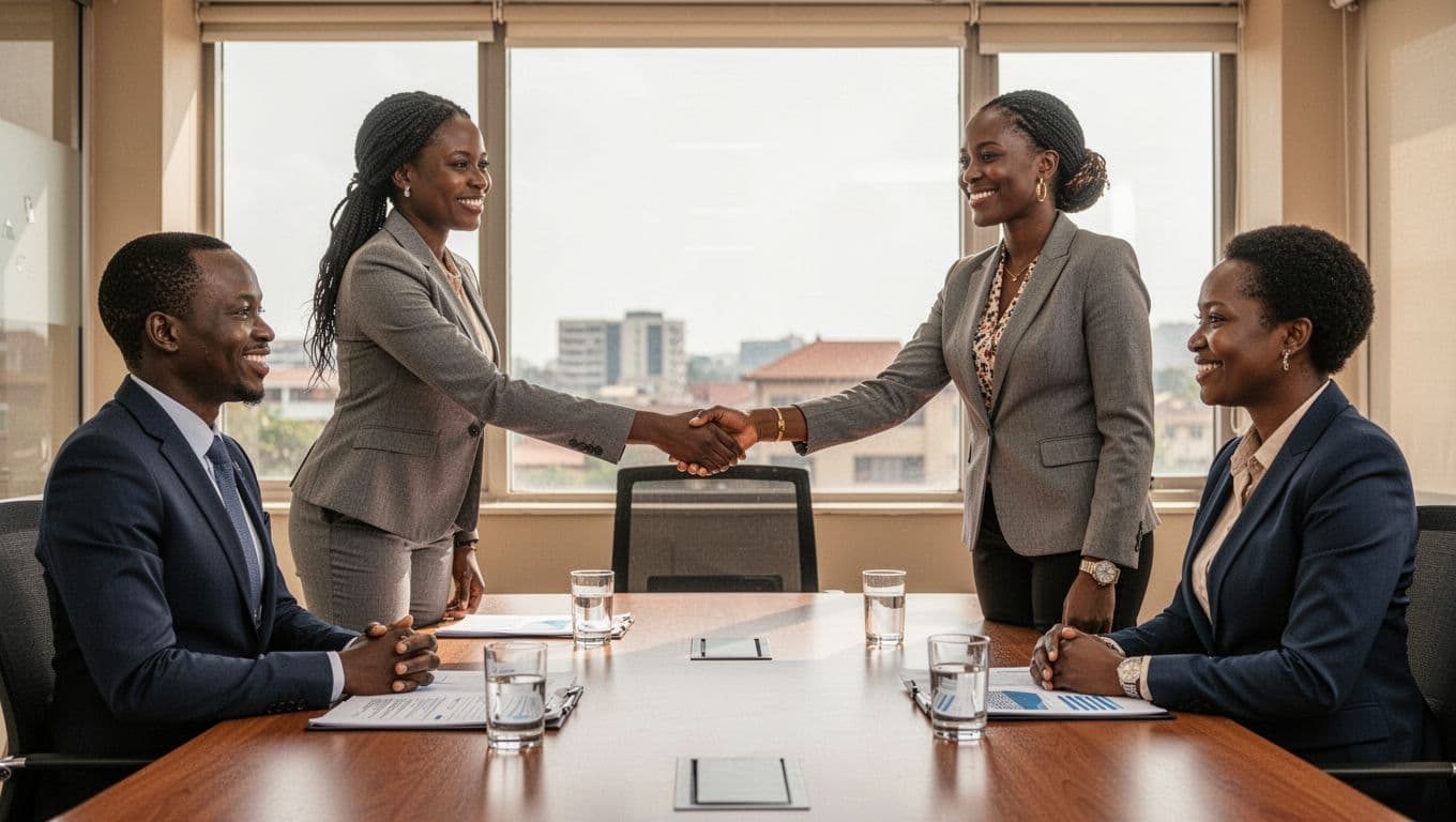 Kenyan business professionals of diverse ages at a conference table in a bright Nairobi office shaking hands after a successful ADR session, with documents and water glasses on the table, relaxed smiles, and natural window light.