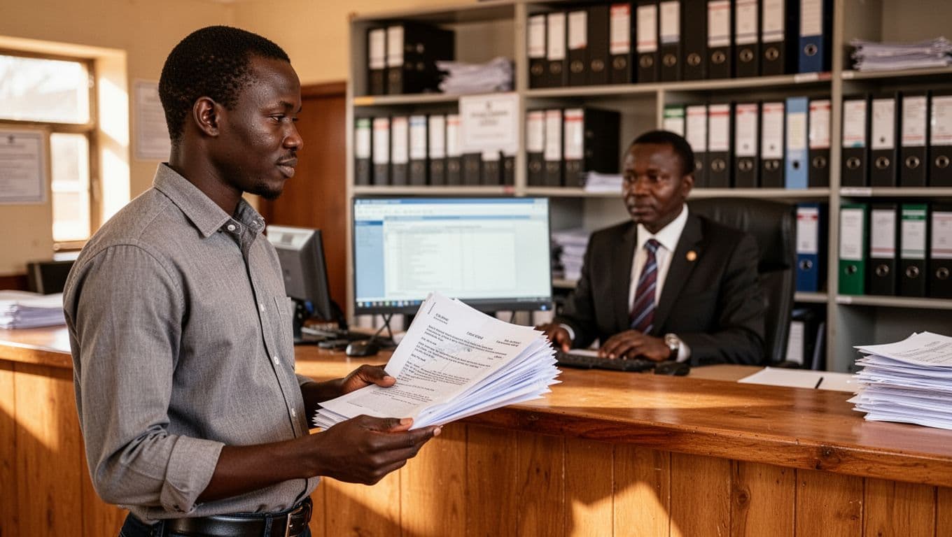 A Kenyan property buyer stands relaxed at the Lands Registry counter holding documents, while an official views a blurred computer screen for title search in a busy government office with fileshelves.