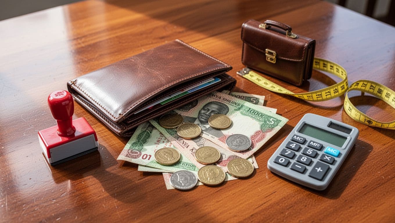 Open leather wallet spilling Kenyan shillings banknotes and coins on a wooden table, surrounded by symbolic icons like red stamp for duty, briefcase for legal fees, measuring tape for surveyor, and calculator for valuation, in realistic still life photography.