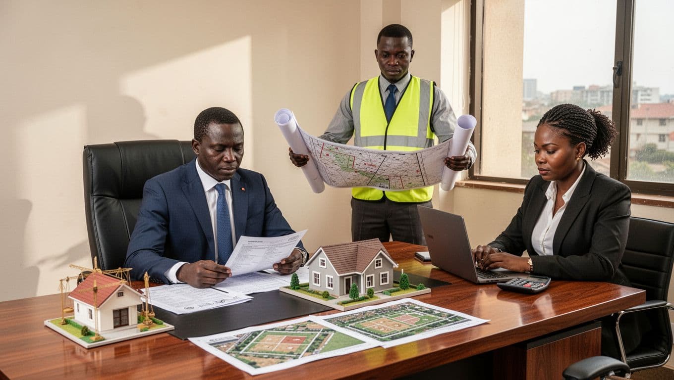 A lawyer seated reviewing land title documents, a surveyor standing with a rolled boundary map, and a valuer at a laptop with a calculator collaborate around a wooden desk featuring a scale model house and plot photos in a bright, modern Nairobi office.