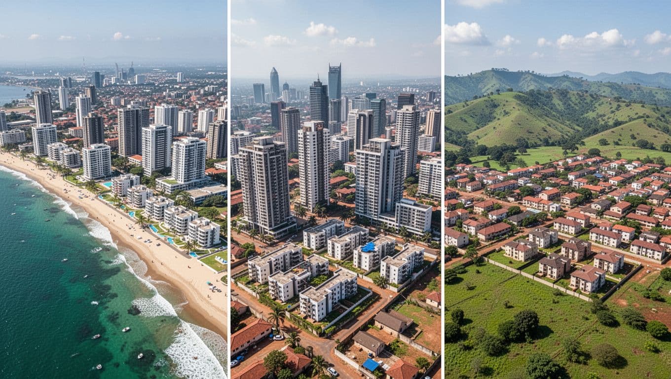 Aerial landscape view of key Kenyan property hotspots including Nairobi skyline in Westlands and Kilimani, Mombasa beachfront in Nyali, and Ruiru developments amid green hills, in realistic satellite style under bright daylight.