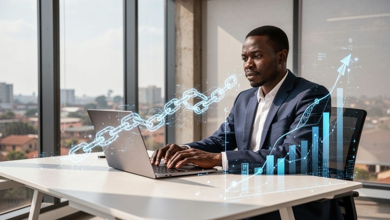 A Kenyan real estate lawyer sits relaxed in a modern Nairobi office, using the ArdhiSasa platform on a laptop screen shown at a slight angle, with subtle holographic blockchain security chain and AI valuation graph icons in the foreground, illuminated by bright window light.