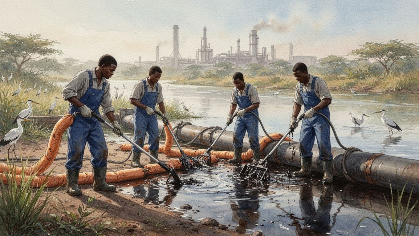 Four factory workers in overalls clean an oil spill from a pipeline into a Kenyan river using absorbent booms and skimmers on the riverbank amid vegetation and birds, with an industrial facility in the background, in dynamic watercolor style under soft morning light.