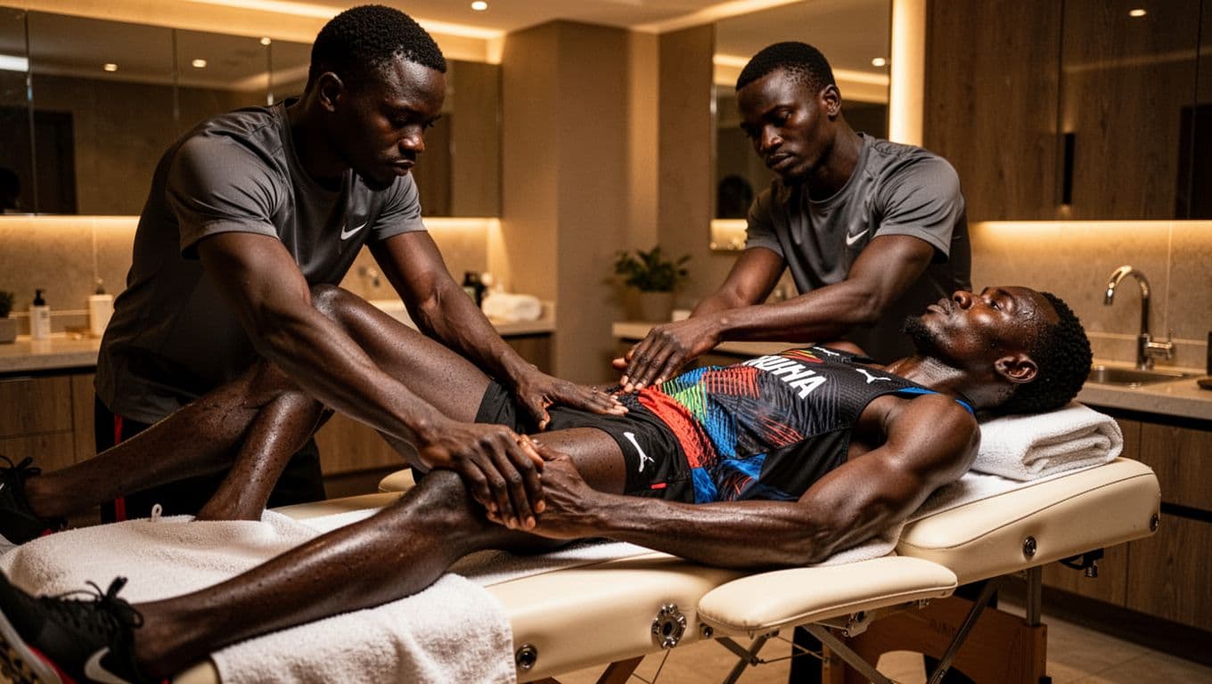 A Kenyan male runner in athletic wear lies on a massage table in a modern Kilimani spa, where a therapist applies firm pressure to his lower legs with relaxed hands under warm ambient lighting. The cinematic scene emphasizes athlete recovery with strong contrast and depth.