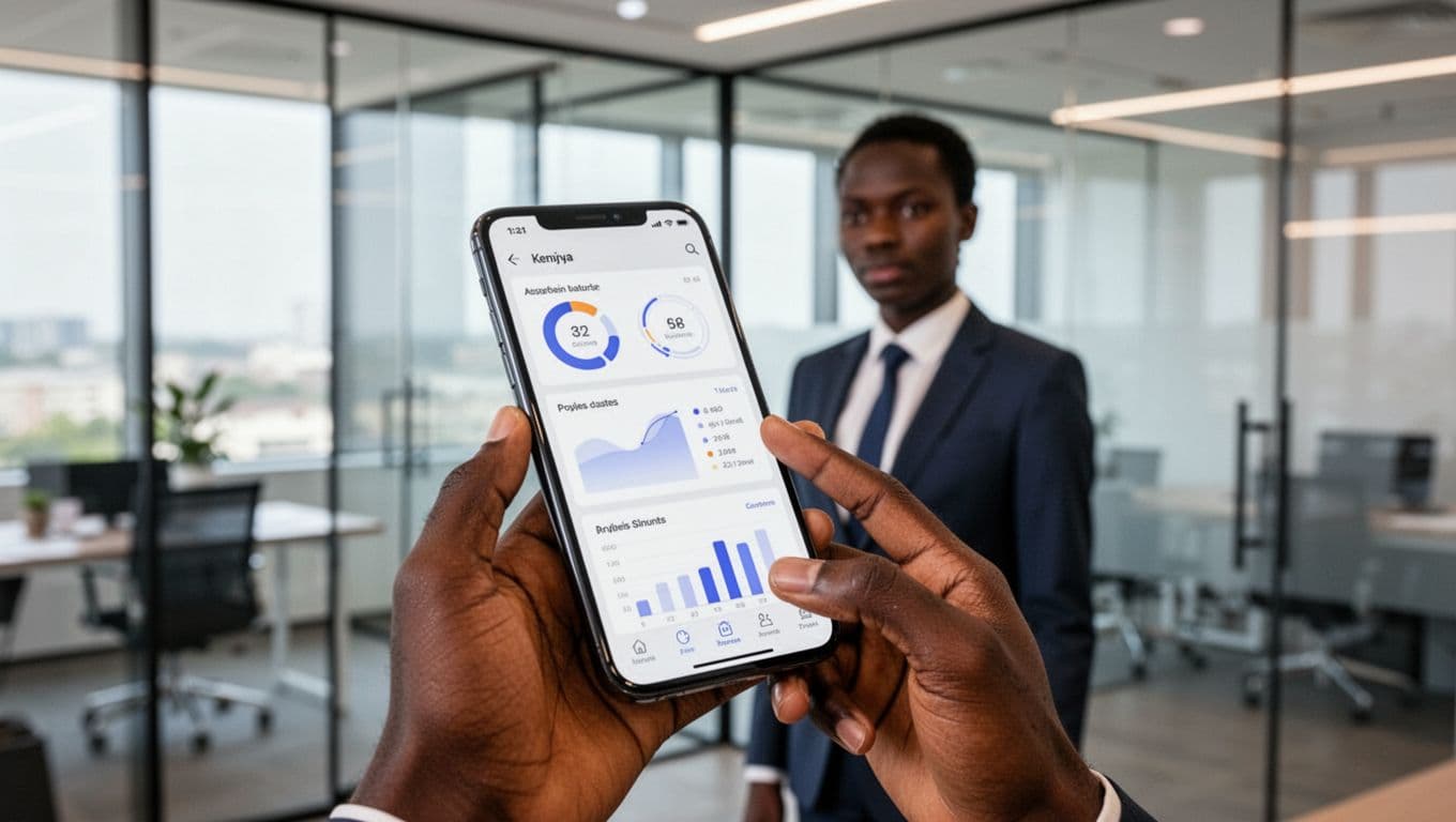 Kenyan SACCO member in modern office checking balance on responsive mobile app interface on smartphone, simple dashboard visible at angle, natural lighting, professional style, exactly one person.