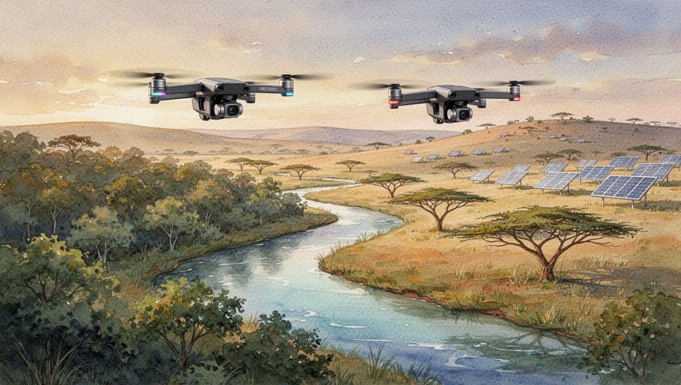 Two small drones hover over a vibrant Kenyan savanna landscape with lush green forests, winding river, solar panels on hills, and acacia trees under golden hour sunlight, in watercolor style.
