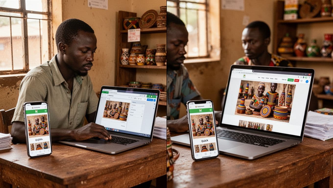 Kenyan shop owner in casual shirt at wooden desk in Nairobi office compresses product photo of local crafts using free online tool on laptop, with smartphone showing optimized fast-loading website; split composition illustrates slow blurry vs. crisp quick load benefits.
