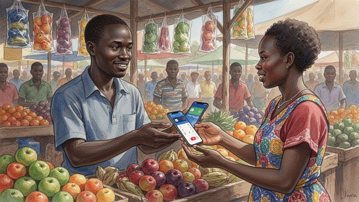A Kenyan shopkeeper at a colorful Nairobi market stall helps a customer enter a phone number for a mobile money transaction on a smartphone screen, rendered in watercolor style with soft natural daylight and brush textures.