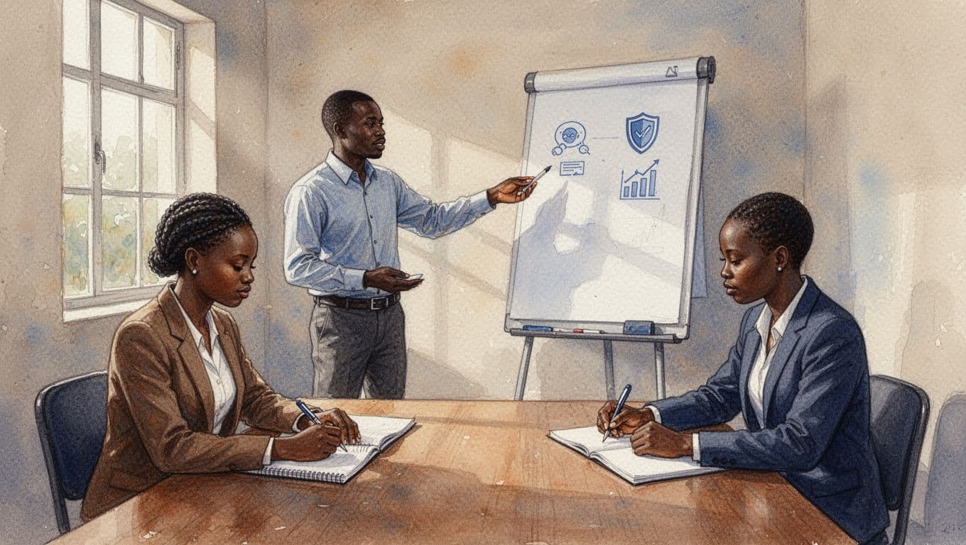 A Kenyan small business team of three participates in a data protection compliance workshop in a simple conference room, with a facilitator pointing to a flipchart and participants taking notes, rendered in watercolor style with warm earth tones and natural light.