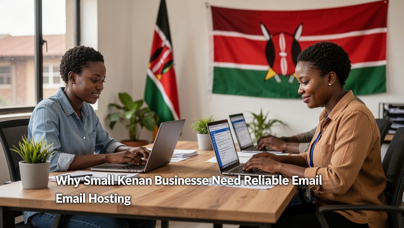 Two professionals in a modern Nairobi office workspace check emails on laptops, with subtle Kenyan flag in background and natural daylight.