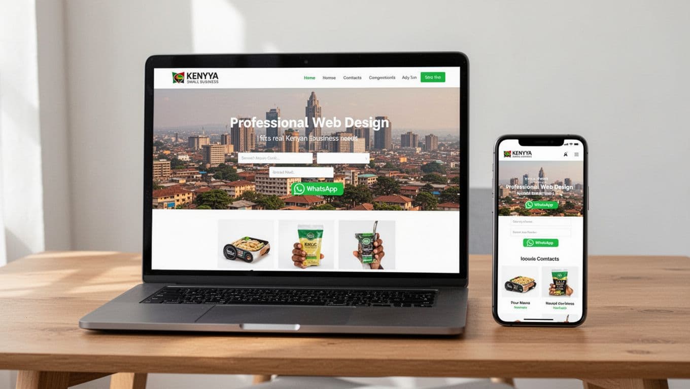 Clean modern responsive website interface for a Kenyan small business displayed on a laptop and mobile phone side by side on a simple wooden desk, featuring subtle Nairobi cityscape background, contact form with WhatsApp button, and professional styling.