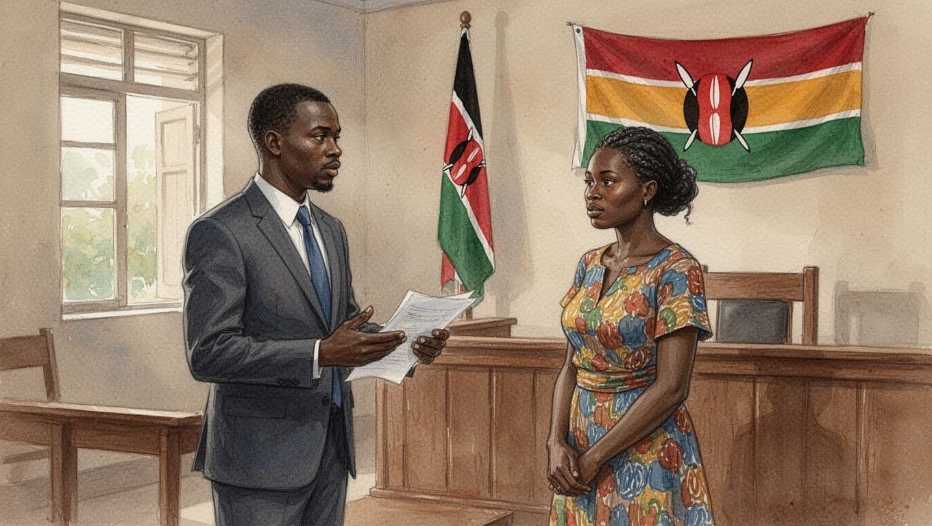 Watercolor painting of a small claims court session in a modest Nairobi magistrate courtroom, showing one judge at a raised bench, male plaintiff gesturing with documents, and female defendant standing before it, with Kenyan flag backdrop and soft earthy tones.