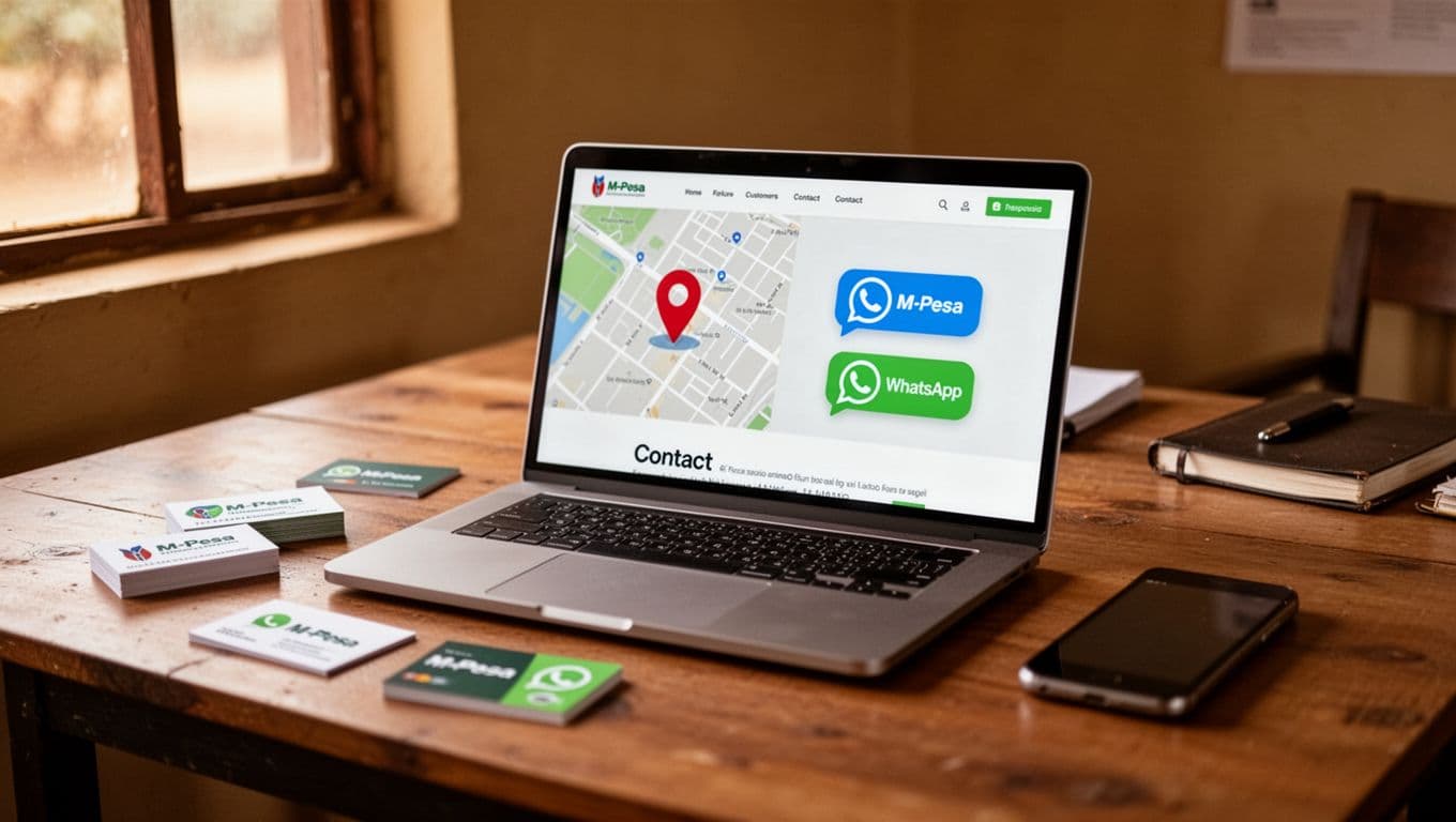 Laptop on a simple Kenyan SME office desk displays a responsive contact page with map pin, phone icon, and chat bubble icons, plus blurred subtle M-Pesa and WhatsApp hints, business cards and phone nearby under warm indoor lighting.