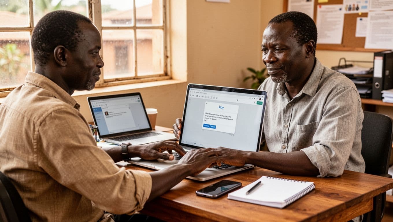 Middle-aged Kenyan small business owner in casual shirt sits at a wooden desk in a bright Nairobi office, typing relaxedly on a laptop with a simple content editor open, smartphone and notepad nearby, natural light from window.