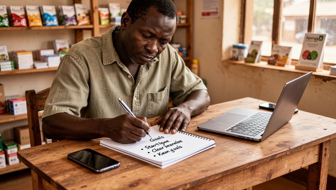 Middle-aged Kenyan small business owner in casual shirt sits at a simple wooden desk in a bright Nairobi shop office, focused on writing bullet-point goals on a notepad with smartphone and laptop nearby, natural window light, realistic photography.