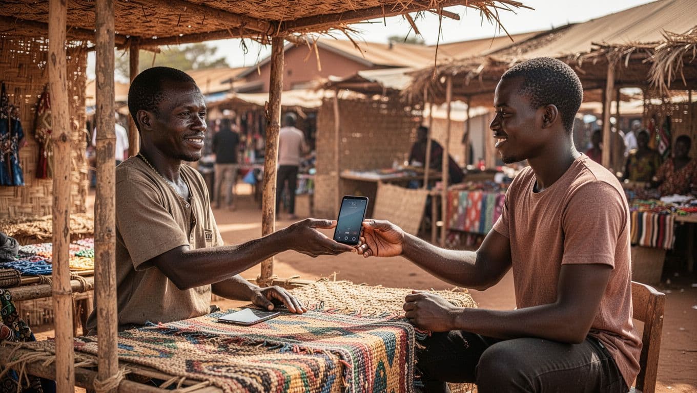 Bright Kenyan street market scene with a vendor and buyer in relaxed interaction buying approved smartphones safely without surveillance worries, captured in natural daylight as a realistic photo.