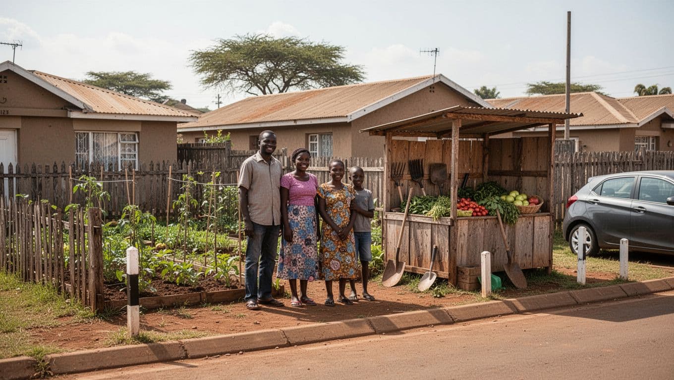Bright daylight realistic landscape photo of a Kenyan suburban family home with garden, fence, nearby small family kiosk or farm plot with tools and produce, parked car, land plot markers, and exactly four family members standing relaxed in the front yard.