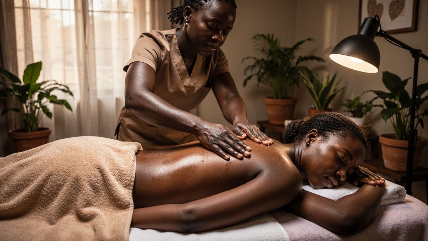 A skilled female Kenyan massage therapist performs gentle flowing Swedish massage strokes on the shoulders and back of a relaxed female client in a serene spa room in Nairobi.
