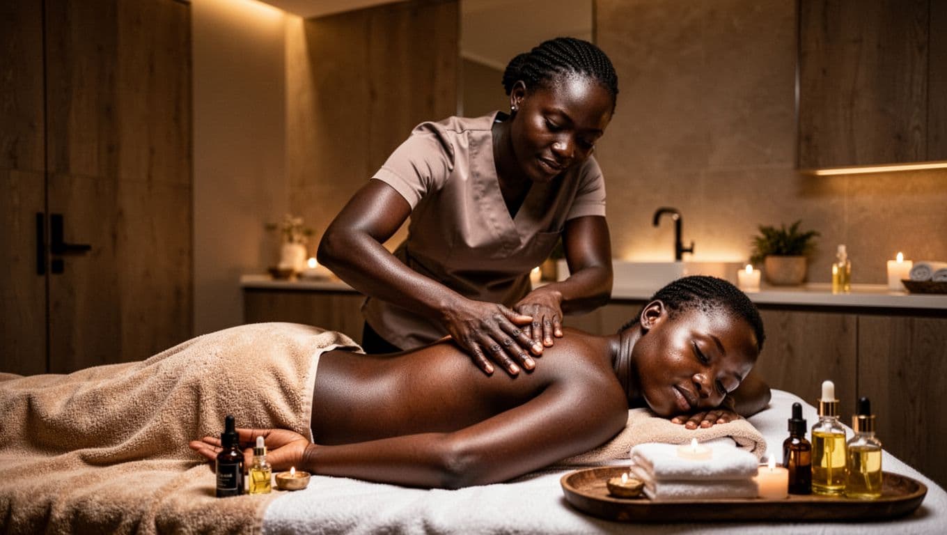 Skilled female Kenyan massage therapist performs gentle Swedish massage strokes on a draped female client's back and shoulders in a serene modern spa room in Nairobi with warm ambient lighting and professional oils nearby.