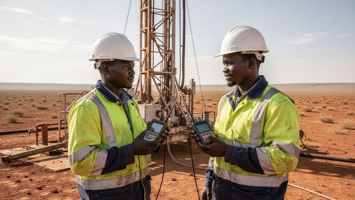 Two Kenyan environmental technicians in safety gear conduct water and air quality monitoring near an oil rig in the dry Turkana landscape, holding equipment in relaxed poses on a sunny day with natural lighting.