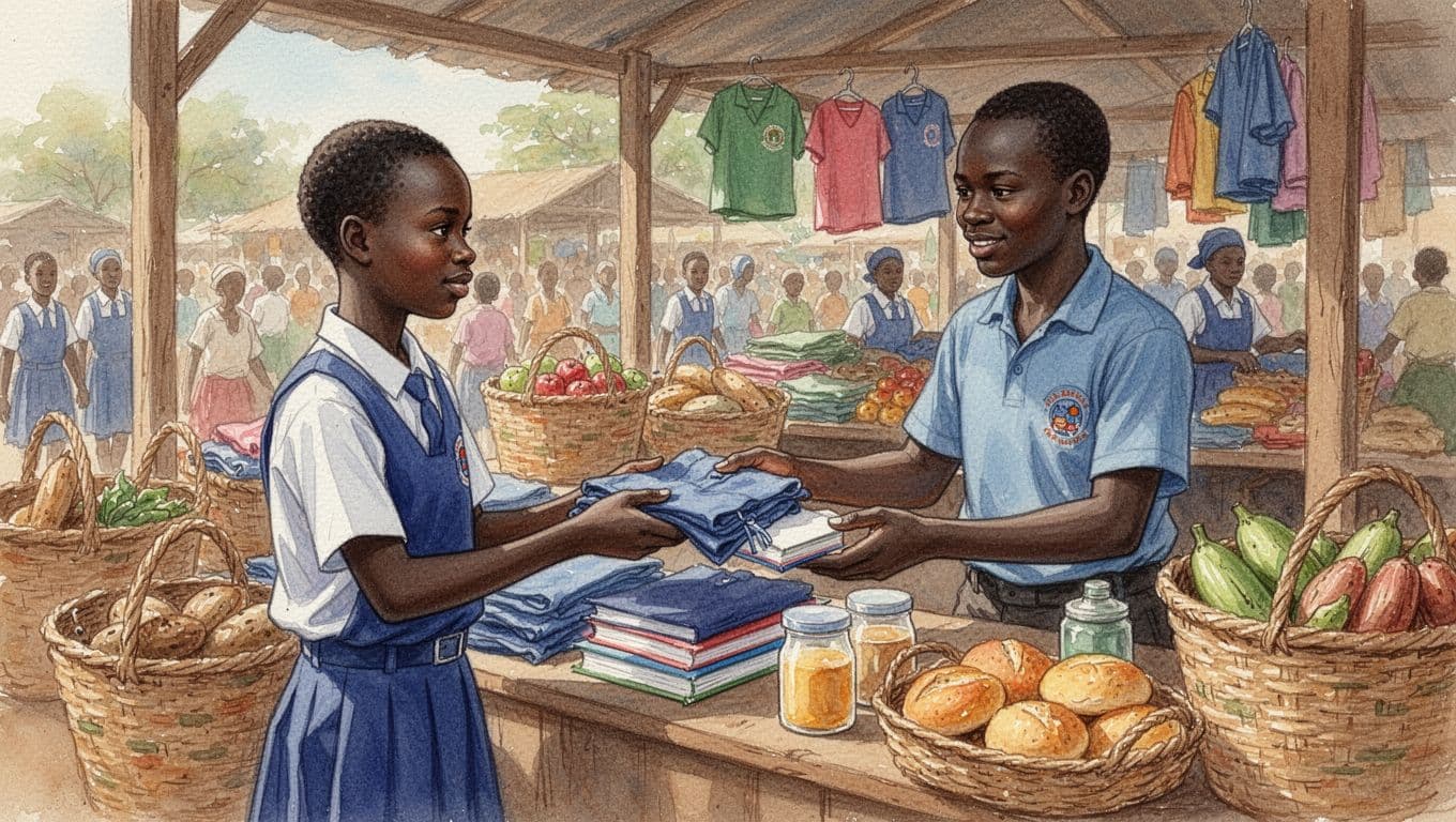 A young Kenyan teenager purchases school uniforms, books, and food items at a busy market stall, depicted in a watercolor style with soft blended colors, visible brush strokes, and warm earthy tones.
