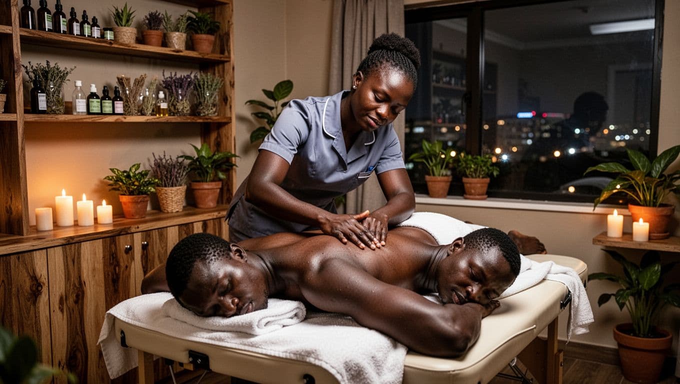 A skilled female Kenyan therapist in professional uniform delivers firm deep tissue massage to the upper back of a mid-30s male client face down on a heated massage table in a cozy spa room at Velva Massage in Kilimani, Nairobi.
