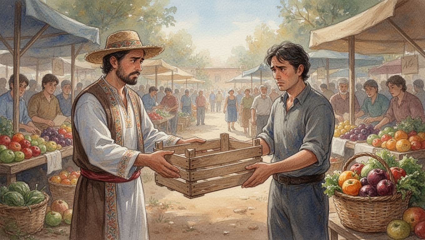 A Kenyan trader at a rural market stall hands an empty crate to a disappointed buyer instead of a full produce basket, illustrating a contract breach with stalls and crowd in the background, in watercolor style with warm earthy tones.