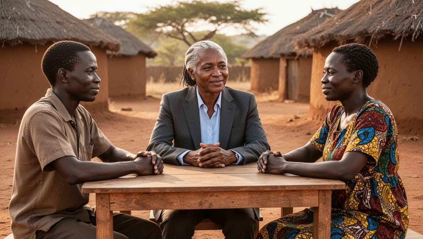 A neutral Kenyan mediator in professional attire facilitates a relaxed discussion between two neighbors at a simple outdoor community table in a Kenyan village, bathed in warm natural sunlight.