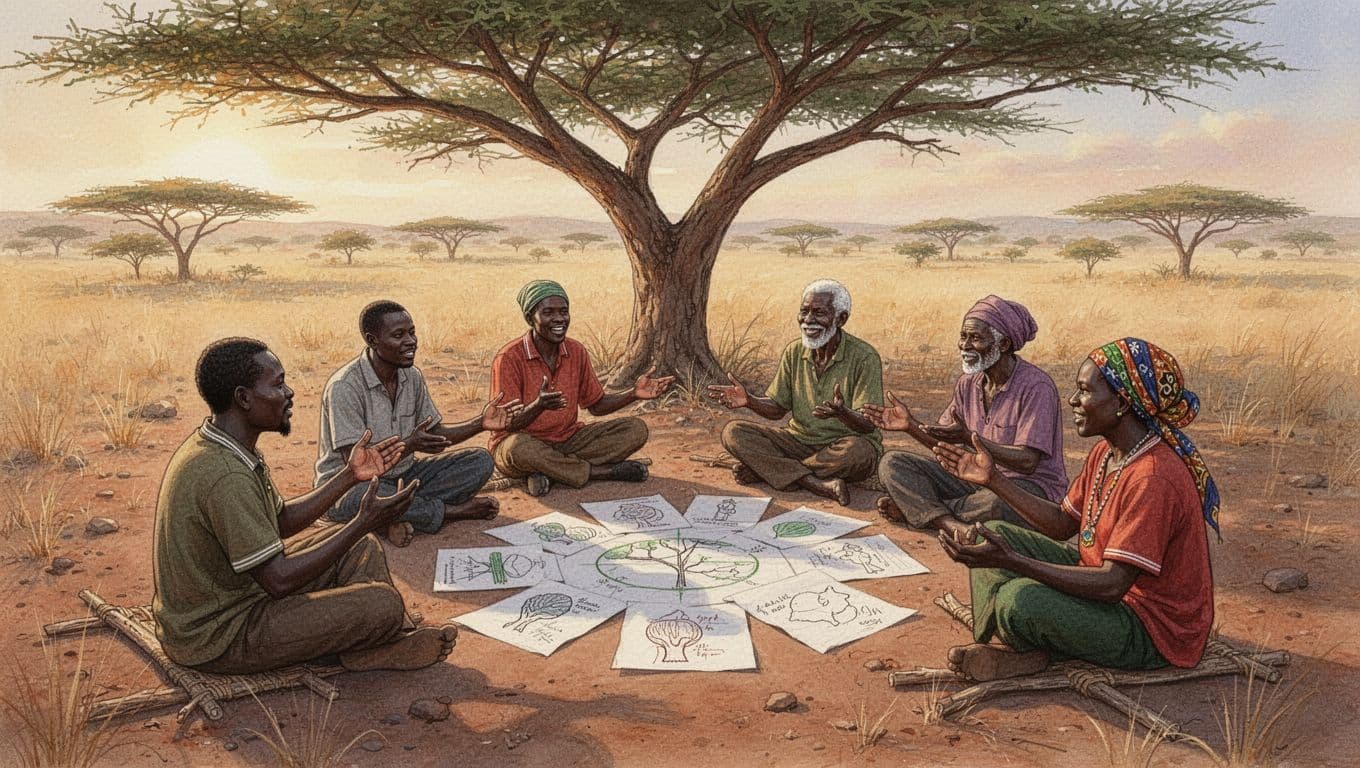 A diverse group of eight Kenyan villagers—men, women, and elders—seated in a circle under a large acacia tree in the rural savanna, discussing an environmental project with simple maps and notes on the ground, captured in watercolor style with warm golden hour lighting.
