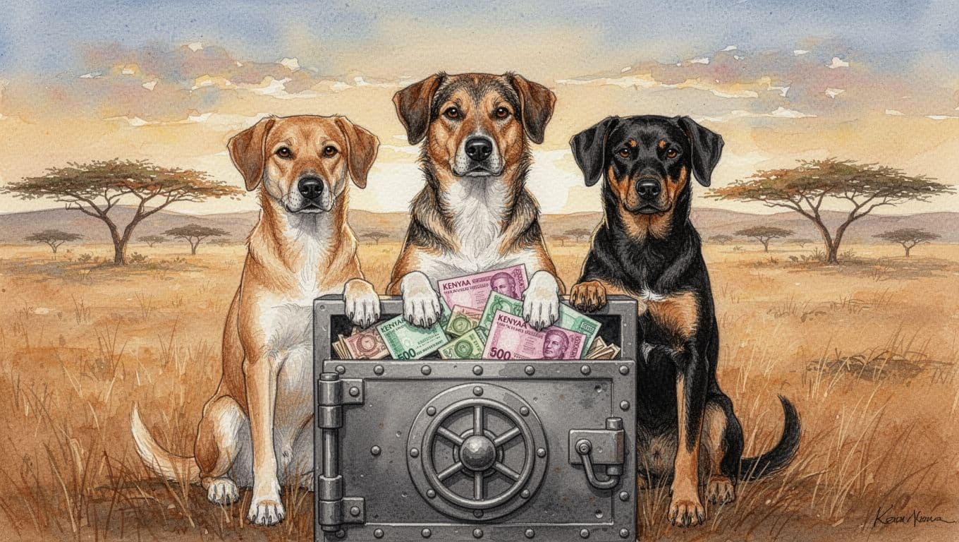 Three vigilant watchdogs of different breeds stand collaboratively with paws on a secure vault filled with Kenyan shillings and documents, set in a Kenyan savanna bank landscape, in watercolor style with golden hour lighting.