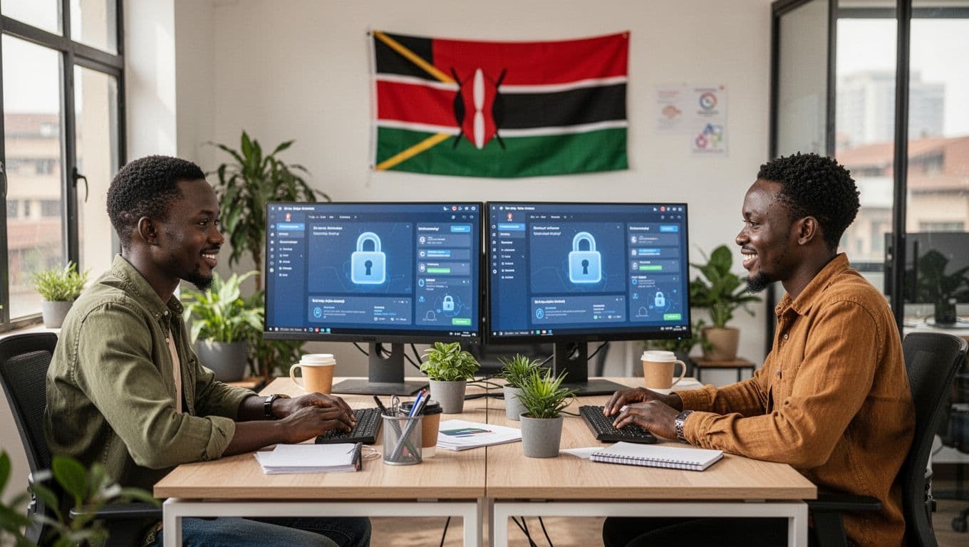 Two Kenyan web developers collaborate in a modern Nairobi office at desks with dual monitors displaying a website security dashboard featuring padlock icons, with a subtle Kenyan flag, plants, coffee cups, and bright natural light.