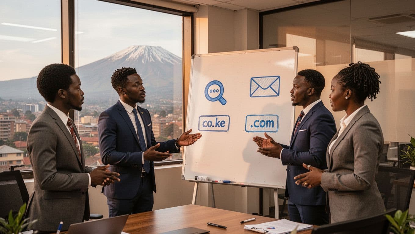 A professional team of three Kenyan web experts in a modern Nairobi office collaborates on domain choices using a whiteboard featuring co.ke and .com icons, with a subtle Mount Kenya view through the window and warm lighting.