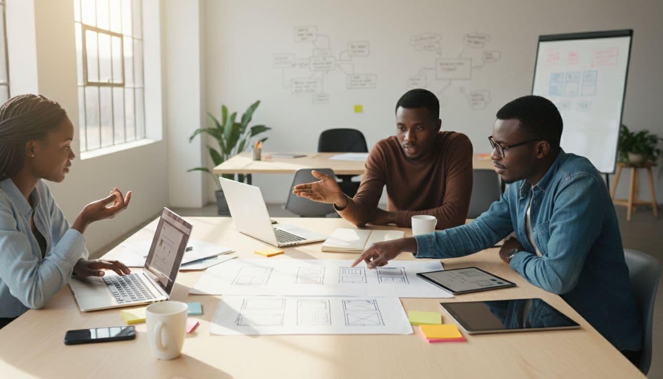 Diverse team of three website developers in a Kenyan office collaborating on redesign wireframes around a table with sketches and laptops in a bright modern workspace.